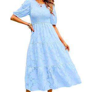 Size M light blue dress - Summer puff-sleeve smocked floral dress, chiffon.